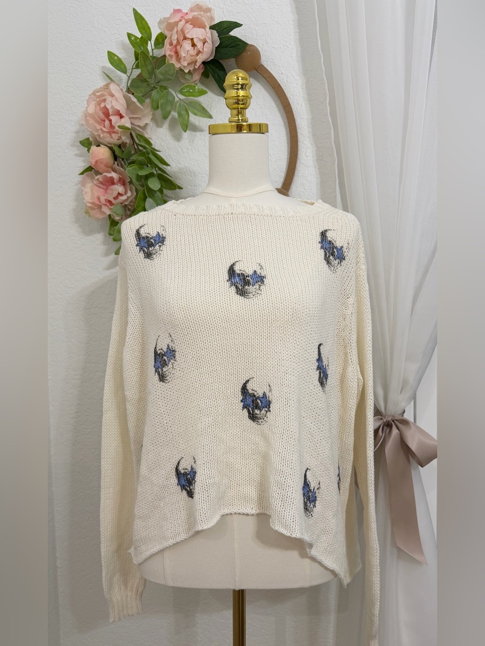 NEW Wooden Ships $148 Skull Print Distressed Oversized Sweater SZ  S/M Halloween